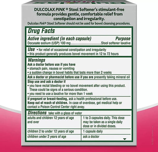 Dulcolax Pink Stool Softener, 100 mg Docusate Sodium (USP) 25 Count SoftGels