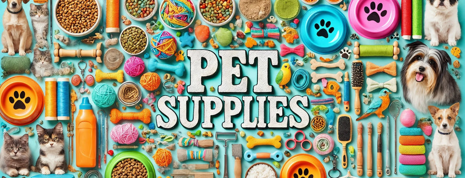 Various discounted pet supplies and products, including pet food, toys, and accessories.