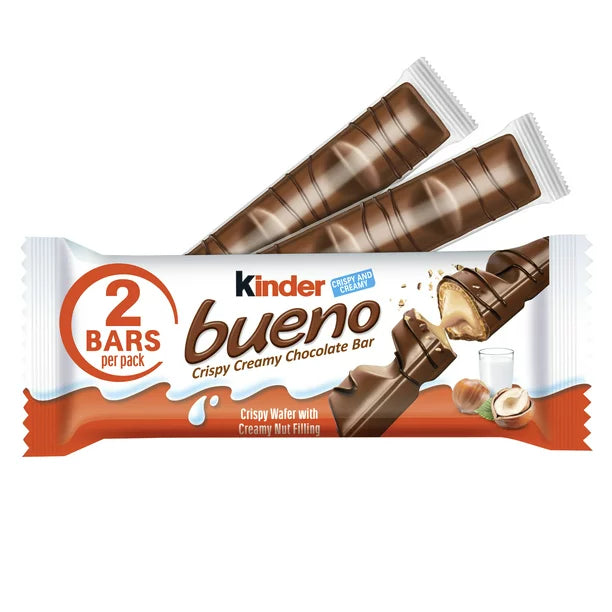 Kinder Bueno Milk Chocolate and Hazelnut Cream, 2 Individually Wrapped Chocolate Bars, 1.5 oz