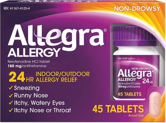 Allegra Adult 24HR Non-Drowsy Antihistamine, 45 Tablets, Fast-acting Allergy Symptom Relief, 180 mg - BargainBoxed.com