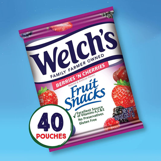 Welch's Fruit Snacks, Berries 'N Cherries, Gluten Free, Bulk Pack,Individual Single Serve Bags, 0.8 oz (Pack of 40)