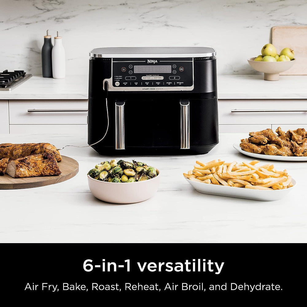 Ninja DZ550 Foodi 10 Quart 6-in-1 DualZone Smart XL Air Fryer with 2 Independent Baskets, Smart Cook Thermometer for Perfect Doneness, Match Cook & Smart Finish to Roast, Dehydrate & More - BargainBoxed.com
