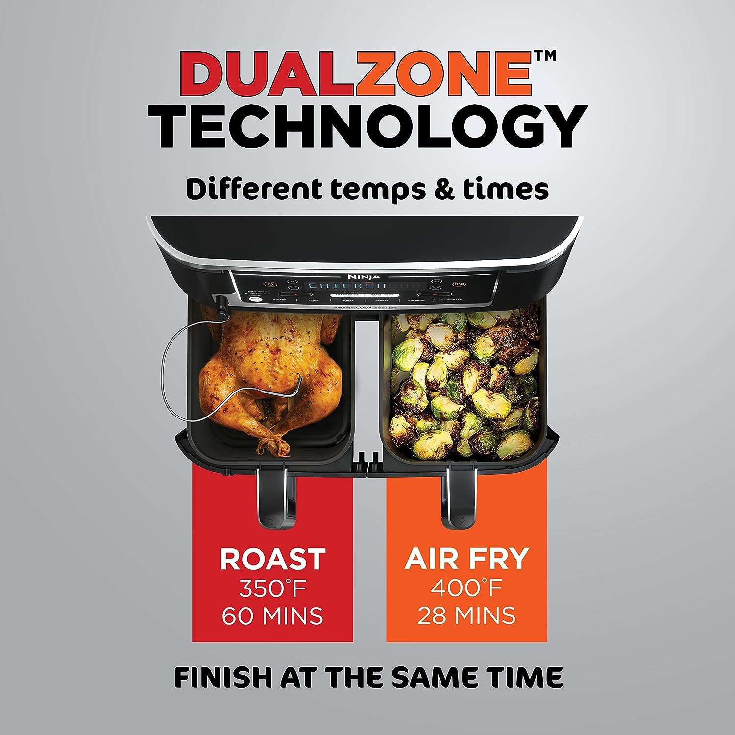 Ninja DZ550 Foodi 10 Quart 6-in-1 DualZone Smart XL Air Fryer with 2 Independent Baskets, Smart Cook Thermometer for Perfect Doneness, Match Cook & Smart Finish to Roast, Dehydrate & More