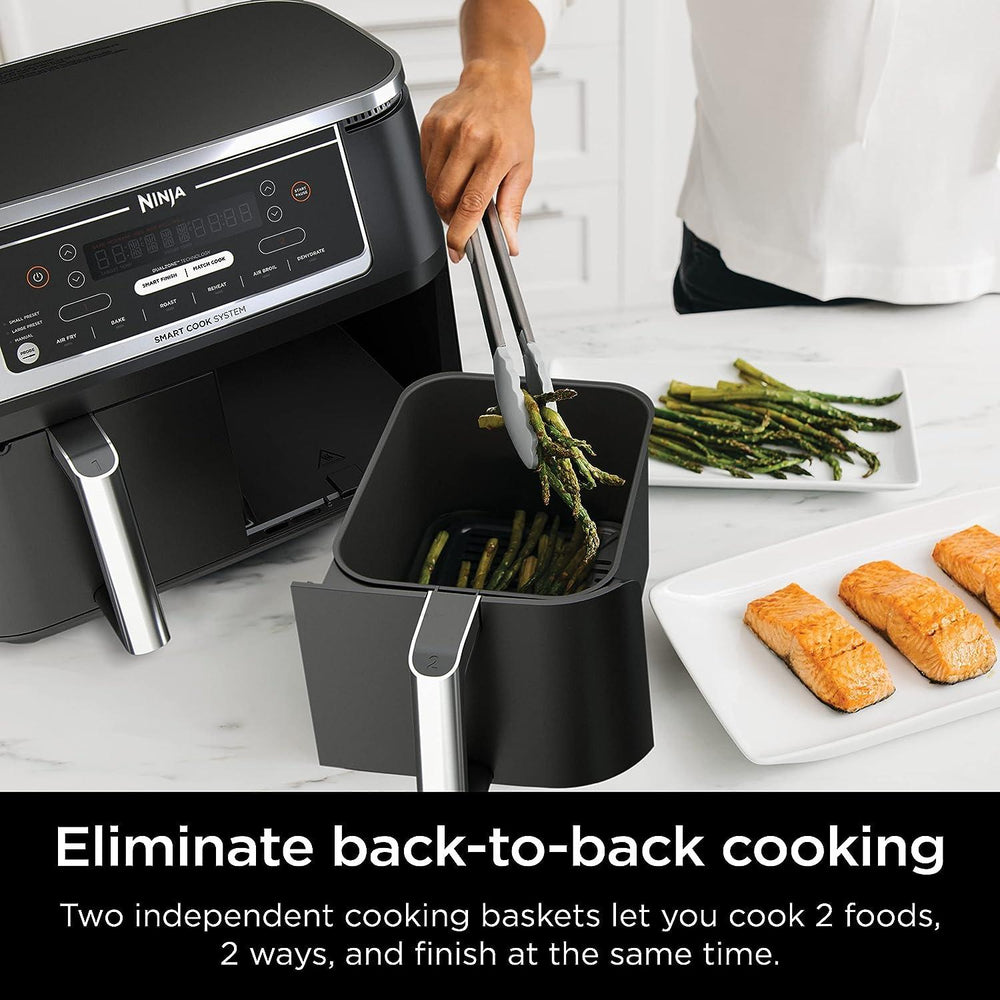 Ninja DZ550 Foodi 10 Quart 6-in-1 DualZone Smart XL Air Fryer with 2 Independent Baskets, Smart Cook Thermometer for Perfect Doneness, Match Cook & Smart Finish to Roast, Dehydrate & More - BargainBoxed.com