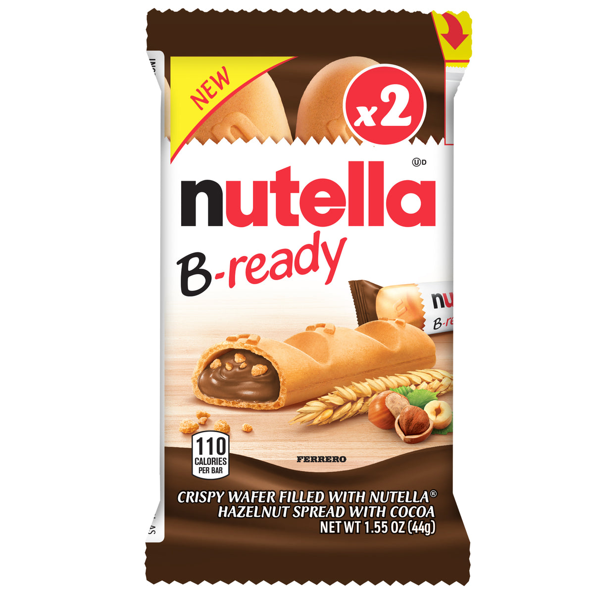 Nutella B-Ready, Crispy Wafer Bread Stick Cookie Filled with Nutella Hazelnut Spread, 2 Count 1.55 oz