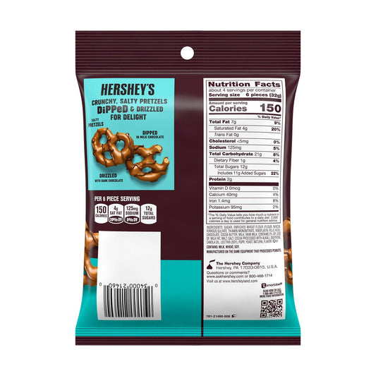 Hershey's Milk and Dark Chocolate Covered Dipped Pretzels Candy, Bag 4.25 oz