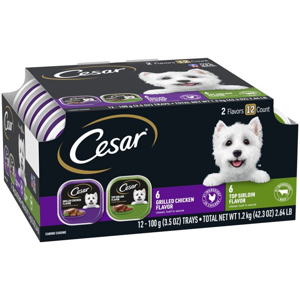 CESAR Soft Wet Dog Food Classic Loaf in Sauce Top Sirloin & Grilled Chicken Flavors Variety Pack, (12) 3.5 oz. Easy Peel Trays