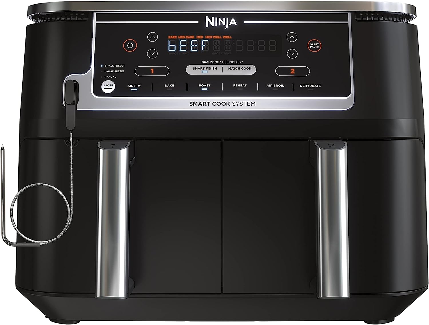 Ninja DZ550 Foodi 10 Quart 6-in-1 DualZone Smart XL Air Fryer with 2 Independent Baskets, Smart Cook Thermometer for Perfect Doneness, Match Cook & Smart Finish to Roast, Dehydrate & More