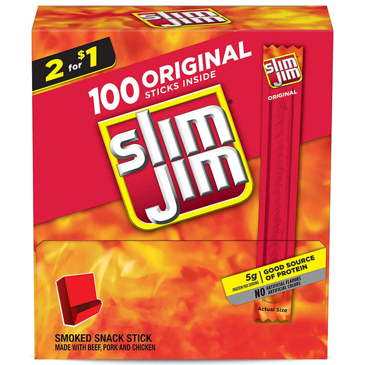 Discount 100 Count Slim Jim Smoked Snack Size Sticks, Original .44 Oz Per Stick (Pack of 100) Gravity Fed Display Box