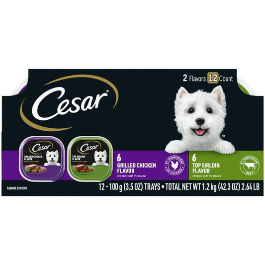 CESAR Soft Wet Dog Food Classic Loaf in Sauce Top Sirloin & Grilled Chicken Flavors Variety Pack, (12) 3.5 oz. Easy Peel Trays