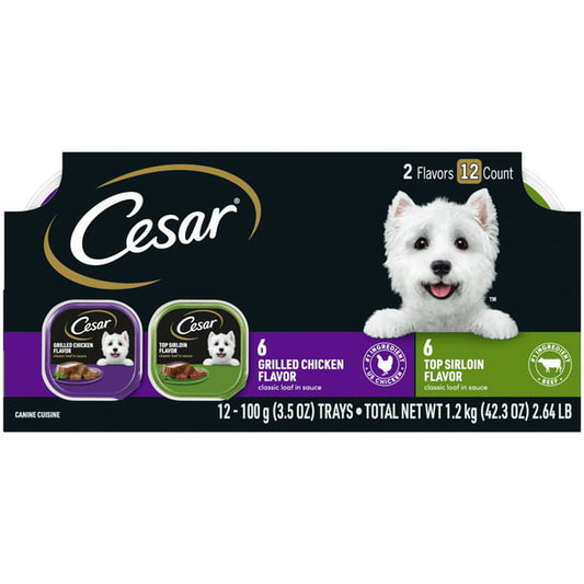 CESAR Soft Wet Dog Food Classic Loaf in Sauce Top Sirloin & Grilled Chicken Flavors Variety Pack, (12) 3.5 oz. Easy Peel Trays
