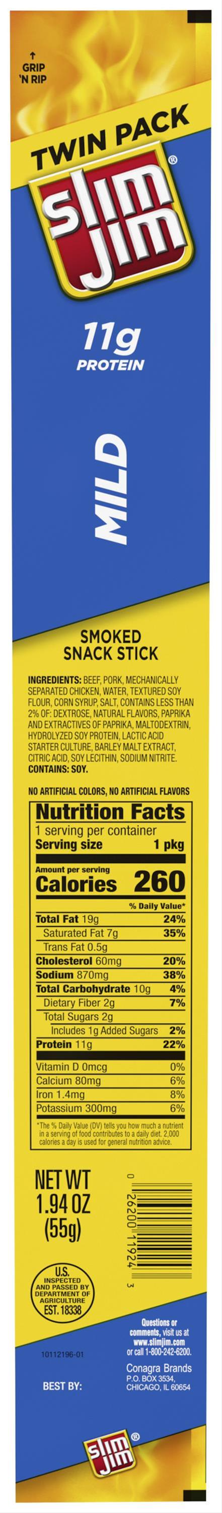 Slim Jim Mild Snack Stick, Meat Snacks, 1.94 oz, Twin Pack