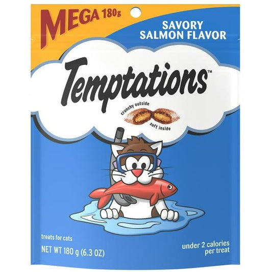 TEMPTATIONS Classic Crunchy and Soft Cat Treats Savory Salmon Flavor, 6.3 oz. Pouch