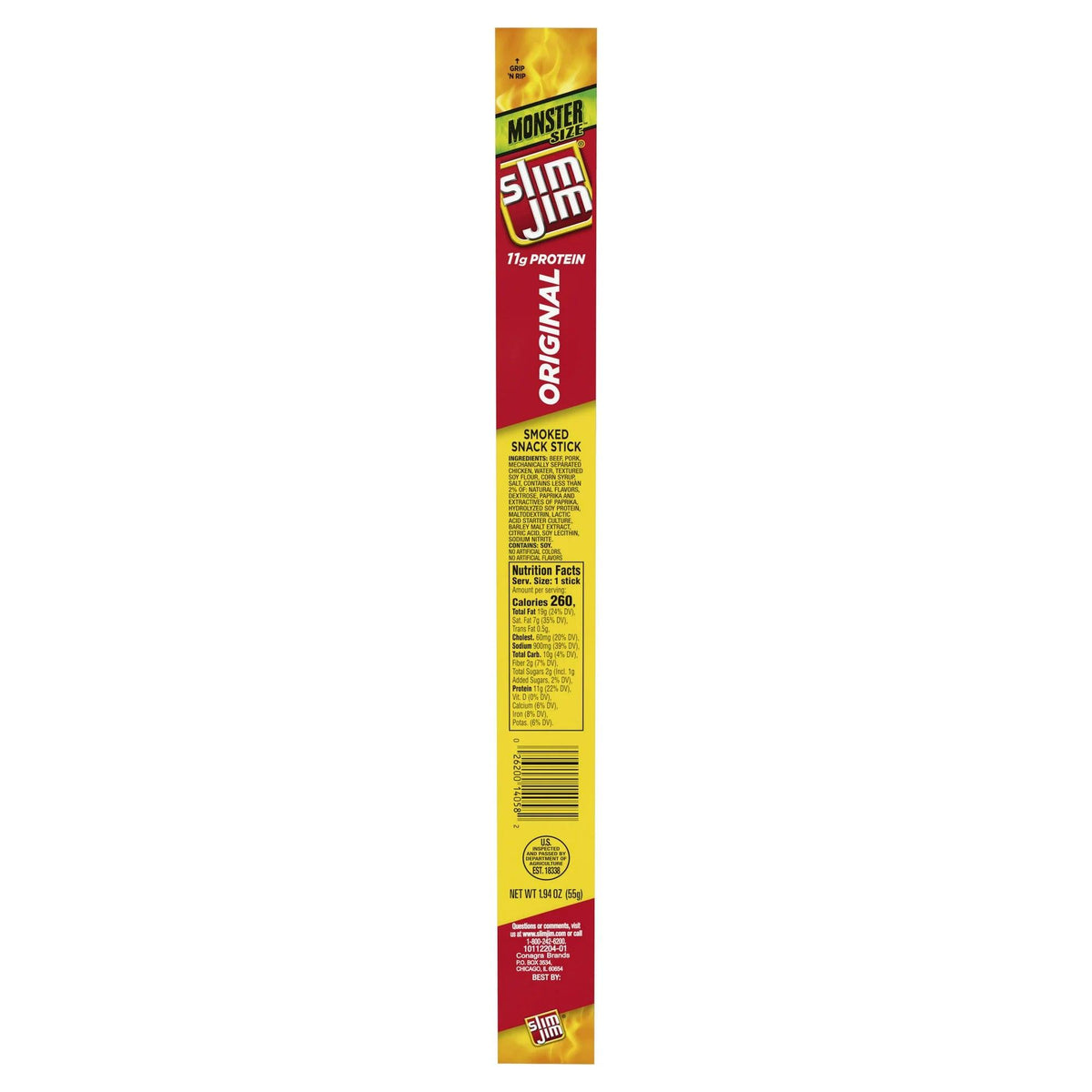 Slim Jim Original Monster Smoked Snack Stick, Smoked Meat Stick, Single Stick 1.94 oz