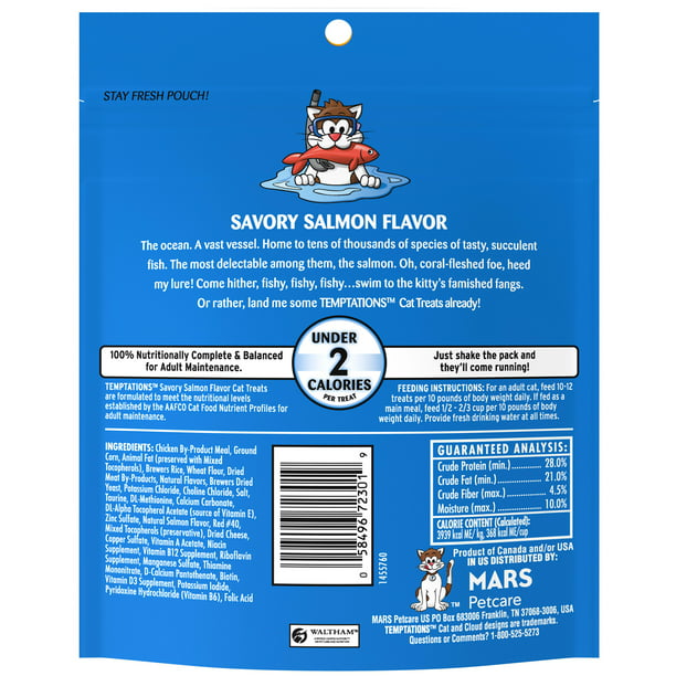 TEMPTATIONS Classic Crunchy and Soft Cat Treats Savory Salmon Flavor, 6.3 oz. Pouch